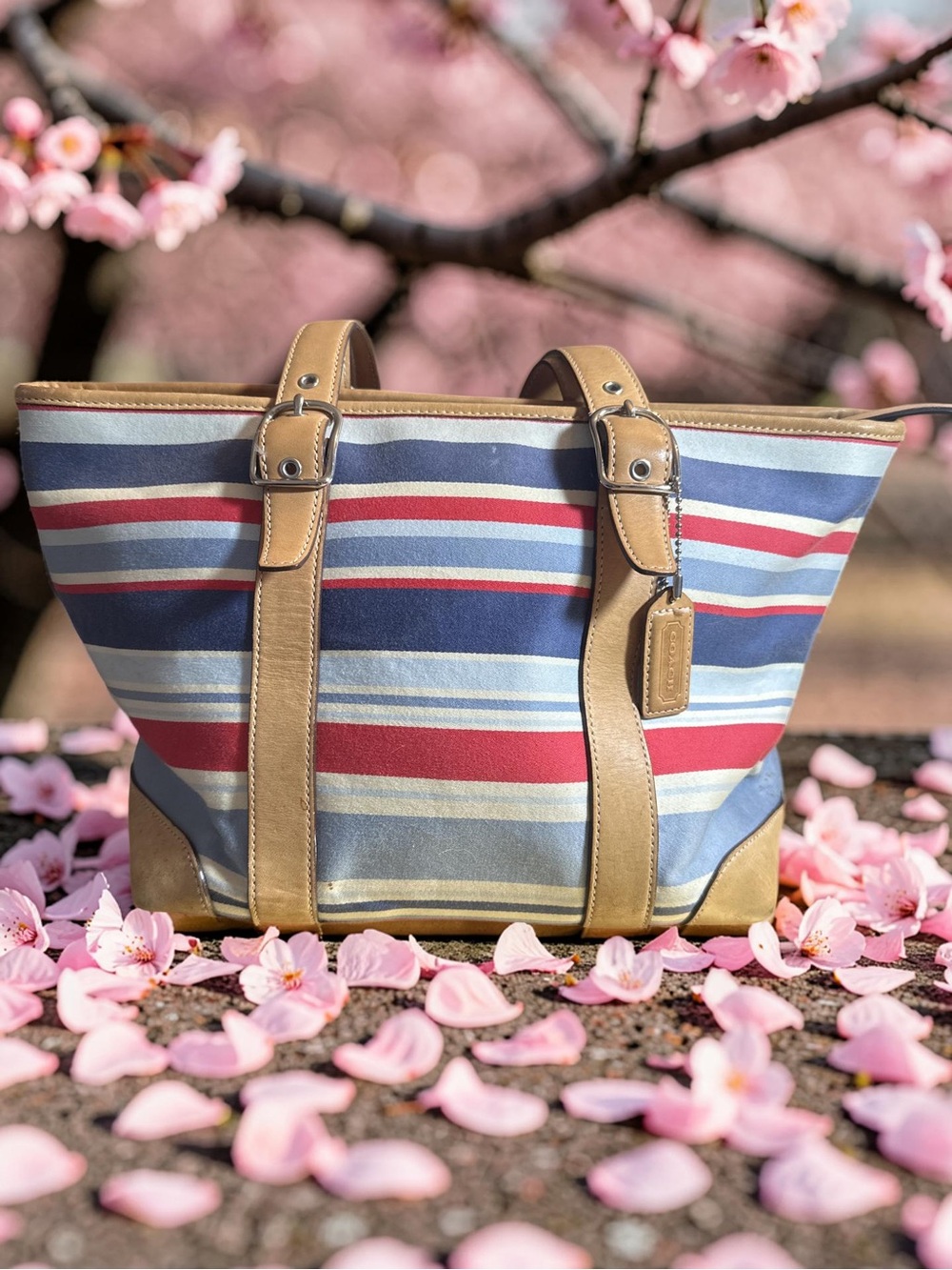COACH Vintage Multi‑Stripe Leather Combo Tote Bag Brown Women - With Hang Tag